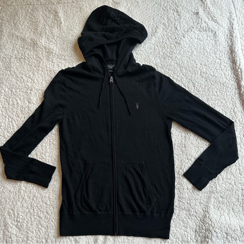 Allsaints Men Full Zip Sweater Hoody 100% Merino Wool Black Long Sleeve Large